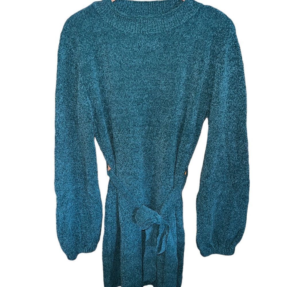 Teal sweater dress with mock neck and belt women’s large